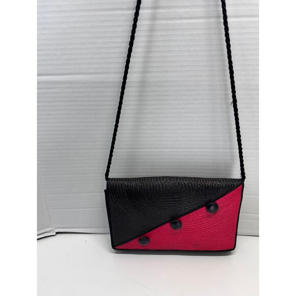 Vintage retro 80s red and black wicker straw shoulder bag - Picture 4 of 8